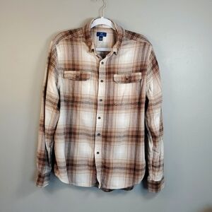George men's buttoned, flannel shirt. Brown and tan plaid. Size large